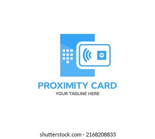 Proximity card reader, ID card scanning at the access control system for identity verification logo design. Wireless RFID concept vector design and illustration.