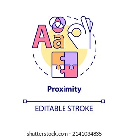 Proximity concept icon. Visual content creation. Graphic design principles abstract idea thin line illustration. Isolated outline drawing. Editable stroke. Arial, Myriad Pro-Bold fonts used