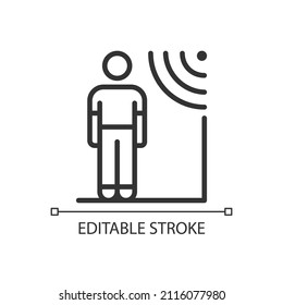Proximity sensors pixel perfect linear icon. Remote regulation for entry access. Internet of Things. Thin line illustration. Contour symbol. Vector outline drawing. Editable stroke. Arial font used