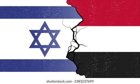 Yemen–Israel proxy conflict with flags and cracked texture