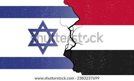 Yemen–Israel proxy conflict with flags and cracked texture