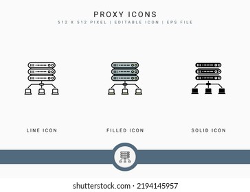 Proxy icons set vector illustration with solid icon line style. Internet server concept. Editable stroke icon on isolated background for web design, user interface, and mobile application