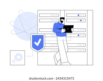 Proxy server isolated cartoon vector illustrations. Datacenter specialist with laptop working with proxy server, IT technology, computing industry, cybersecurity practice vector cartoon.