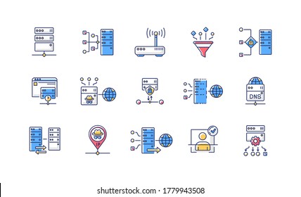 Proxy Server RGB Color Icons Set. Internet Data Access, Virtual Connection, Cybersecurity. Different VPS Network Structure Types. Isolated Vector Illustrations