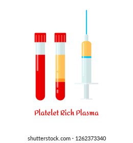 PRP - Several test tubes and syringe with blood and plasma for dentistry, mesotherapy. Vector illustration in flat style