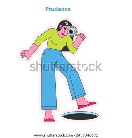Prudence concept. Cautious character with magnifying glass avoiding pitfalls. Wise decision-making and foresight in action. Vector illustration.