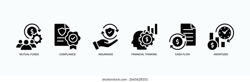 Prudent Portfolios Icon Set Isolated Vector Illustration Concept With Icon Of Mutual Funds, Compliance, Insurance, Financial Thinking, Cash Flow, Amortized, In Black Style