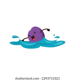 Personajes de dibujos animados de Prune frutal nadando en el mar durante las vacaciones de verano en la playa. Personaje aislado vectorial humorístico fresco de ciruela que tiene entretenimiento al aire libre y descansa en la brisa oceánica y nade