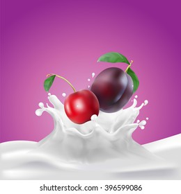 Prune Milk, yogurt splashing vector concept