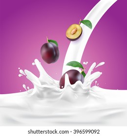 Prune Milk, yogurt splashing vector concept