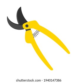 The pruner icon. For cutting branches, twigs and knots. Garden tools, scissors for pruning plants. Garden tools with a yellow handle. Vector illustration in a flat style. Isolated on white.