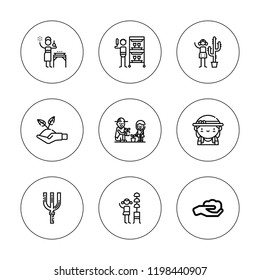 Pruner icon set. collection of 9 outline pruner icons with garden fork, gardener icons. editable icons.