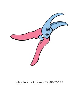 Pruner, pruning shears. Gardening equipment. Hand drawn colorful vector illustration in doodle flat style, isolated. Tool for working in garden, on farm, country site