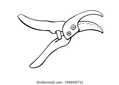 Pruner, pruning shears. Hand drawn outline vector illustration in doodle style, isolated. Gardening element. Tools for working in the garden, on the farm, in the dacha, country site