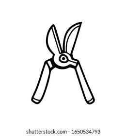 Pruners in hand drawn doodle style isolated on white background. Vector outline stock illustration. Sign gardening element. Coloring book. garden pruner for pruning bushes and trees. Trimming bushes.