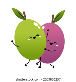 Prunes cartoon vector. Prunes character design. Fresh plum with green leaf in cartoon style. Vector whole and parts sweet plum isolated on a white background.