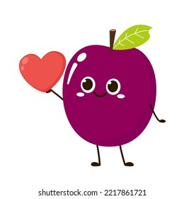 Prunes cartoon vector. symbol. logo design. Fresh plum with green leaf in cartoon style. Vector whole and parts sweet plum isolated on a white background.