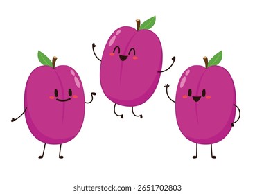 Vector de dibujos animados de ciruelas. símbolo. diseño de logotipo. Ciruela fresca con hoja verde en estilo de dibujos animados. Vector entero y partes de ciruela dulce aislado en un fondo blanco.