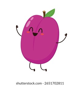 Prunes cartoon vector. symbol. logo design. Fresh plum with green leaf in cartoon style. Vector whole and parts sweet plum isolated on a white background.