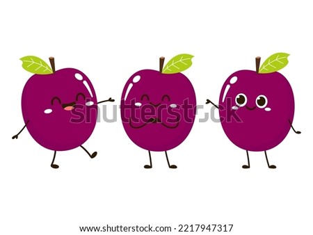 Prunes cartoon vector. symbol. logo design. Fresh plum with green leaf in cartoon style. Vector whole and parts sweet plum isolated on a white background.