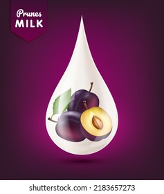 Las ciruelas dentro de las gotas de leche blanco realistas brillan. El yogur crema cae con una hermosa reflexión. Aislado sobre fondo morado. Utilizado para productos nutricionales de su diseño. EPS vectorial 3d10.