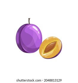 Prunes or plum fruit, ripe garden vector plant, organic production. Cartoon juicy natural healthy farm damson whole and half piece with stem and pit isolated design element on white background