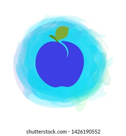 Prunes. Sketch fruit with leaf isolated on watercolor round background. Hand drawn doodle vector. Organic food label. Environmentally friendly product. Vegan cuisine. Vegetarian menu