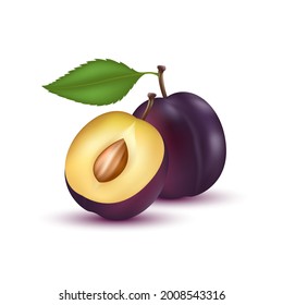 Prunes with prunes slices and leaves. Vitamins, Healthy food fruit. On a white background. Realistic 3D Vector illustration. 