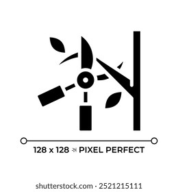 Ícone de glifo preto de poda. Corta ramo de corte. Corte de árvores. Jardinagem e manutenção de árvores. Cuidados com as plantas. Símbolo de silhueta em espaço em branco. Pictograma sólido. Ilustração isolada de vetor