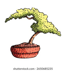 podar árvore bonzai mão desenhada. molhando o solo, fiação de fertilizantes, aparando o estilo podar árvore bonzai esboço vetor. ilustração de cor isolada