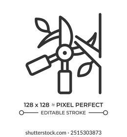 Ícone de remoção linear. Corta ramo de corte. Corte de árvores. Jardinagem e manutenção de árvores. Cuidados com as plantas. Ilustração em linha fina. Símbolo de contorno. Desenho de contorno de vetor. Traçado editável