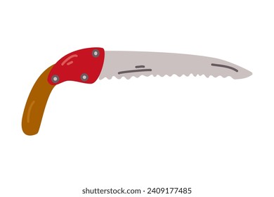 Pruning saw cartoon drawing isolated on white background. Garden saw clipart. Hand drawn pruning saw. Hand saw for pruning trees. Vector design