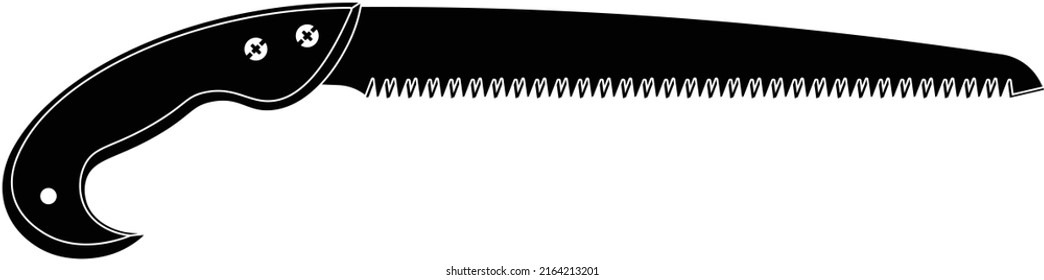 Pruning saw isolated vector black silhouette on white background. This saw is used to cut a wide range on the large end of wood thicknesses or trim live shrubs and trees.