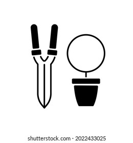 Pruning shears black linear icon. Plant manipulation. Clippers, secateurs. Removing deadheading plants. Horticulture. Trimming scissors. Outline symbol on white space. Vector isolated illustration