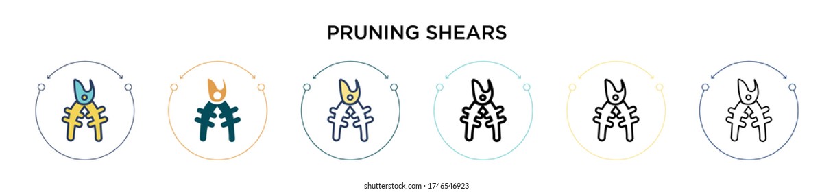 Pruning shears icon in filled, thin line, outline and stroke style. Vector illustration of two colored and black pruning shears vector icons designs can be used for mobile, ui, web