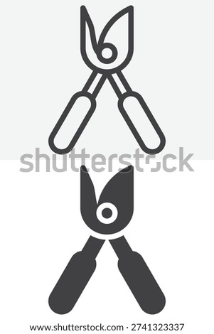 Pruning shears icon set in line and solid style. Outline and filled secateurs icon with editable stroke vector sign and symbol for trimming plants and garden care.