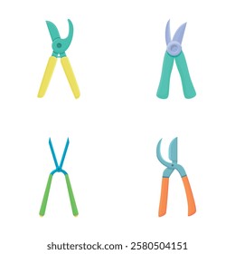 Pruning shears icons set cartoon vector. Various bright garden secateurs. Gardening equipment