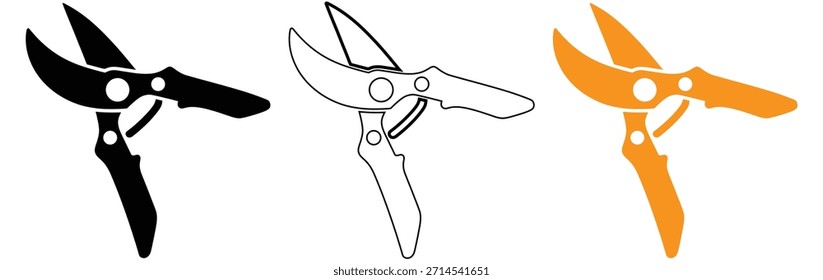 Tesouras de poda em três cores para necessidades de jardinagem e paisagismo, ícone Tesouras de poda. Ícone de linha fina vetor.Mão poda silhueta ícone logotipo vetor ilustração isolado no fundo branco,