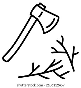 Pruning of trees, clearing the forest of branches, sanitation in the forest. An axe and felled branches.  Fuel for the fire. Gardening, agronomy. Vector icon, outline, isolated. Editable stroke