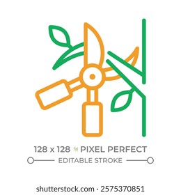 Pruning two color line icon. Shears cutting branch. Tree trimming. Gardening and tree maintenance. Plant care. Bicolor outline symbol. Duotone linear pictogram. Isolated illustration. Editable stroke