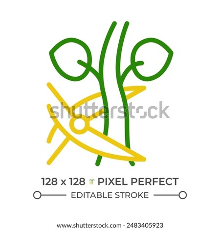 Pruning two color line icon. Removing unnecessary branches. Tree trimming. Plant growth. Garden shear. Farming bicolor outline symbol. Duotone linear pictogram. Isolated illustration. Editable stroke
