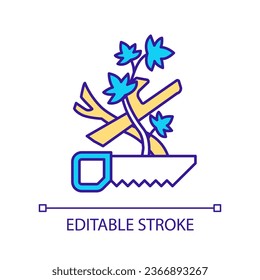 Pruning unwanted branches of trees RGB color icon. Reducing wildfire from spreading. Tree thinning. Isolated vector illustration. Simple filled line drawing. Editable stroke. Arial font used