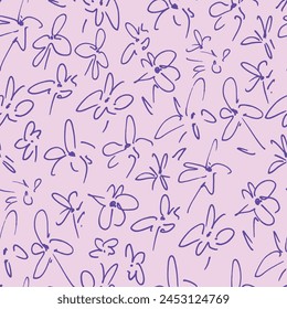 Pruple Flower Sketches Decorative seamless pattern. Repeating background. Tileable wallpaper print.