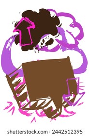 Prurple and brown graffiti speech bubble. Abstract modern Messaging sign street art decoration, Discussion icon performed in urban painting style.