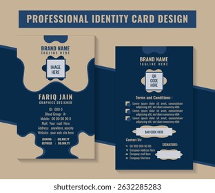 Prussian Blue Color Two Sided Id Card Design Project. Flat Color Business Identity Card With Elegant Design. Smart Identity Card Design For Corporate Employee.