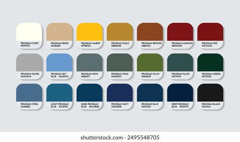 Preußische Farbpalette, Preußische Farbleitpalette mit Farbnamen. Katalog Beispiele aus Preußen mit RGB HEX Codes. Dunkler Ton Farben Palette Vektor, Mode Trend Preußische Farbtöne Palette