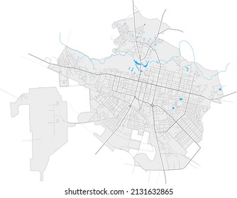 Pryluky, Chernihiv Oblast, Ukraine high resolution vector map with city boundaries and outlined paths. White additional outlines for main roads. Many detailes. Blue shapes and lines for water.