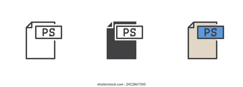Archivo PS conjunto de iconos de estilos diferentes. Línea, glifo y contorno relleno versión colorida, contorno y signo vectorial relleno. Símbolo, ilustración del logotipo. Gráficos vectoriales
