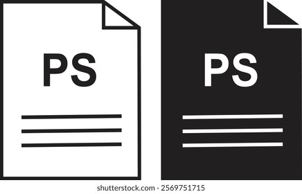 PS file icon set. PS file type symbol. File PS format icon in black filled and outlined style isolated on transparent background. Ideal for technology or data related content, vector illustration.