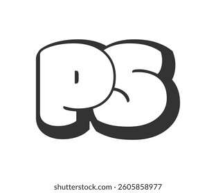 PS logo, bubble comic lettering, rounded in graffiti style black and white silhouette. Trendy preschool P and S letter text for festival party, personal initials, children funky print and web. 